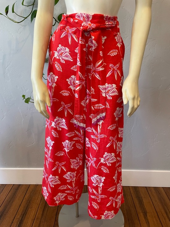 Maison D’Amelie Pants - New Maison D’ Amelie linen blend Red Floral Wide-Leg cropped Pants SZ S